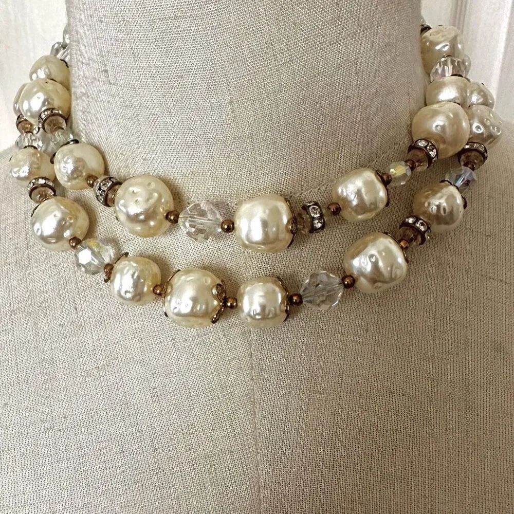Vintage faux baroque pearl and crystal double strand necklace